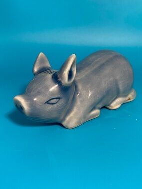 Vintage Blue Celadon Crackled Glazed Porcelain Pig Figurine